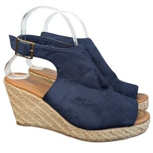 George Women's 8 Espadrille Rope Wedge Heel Navy Open Toe Sandals Ankle Strap